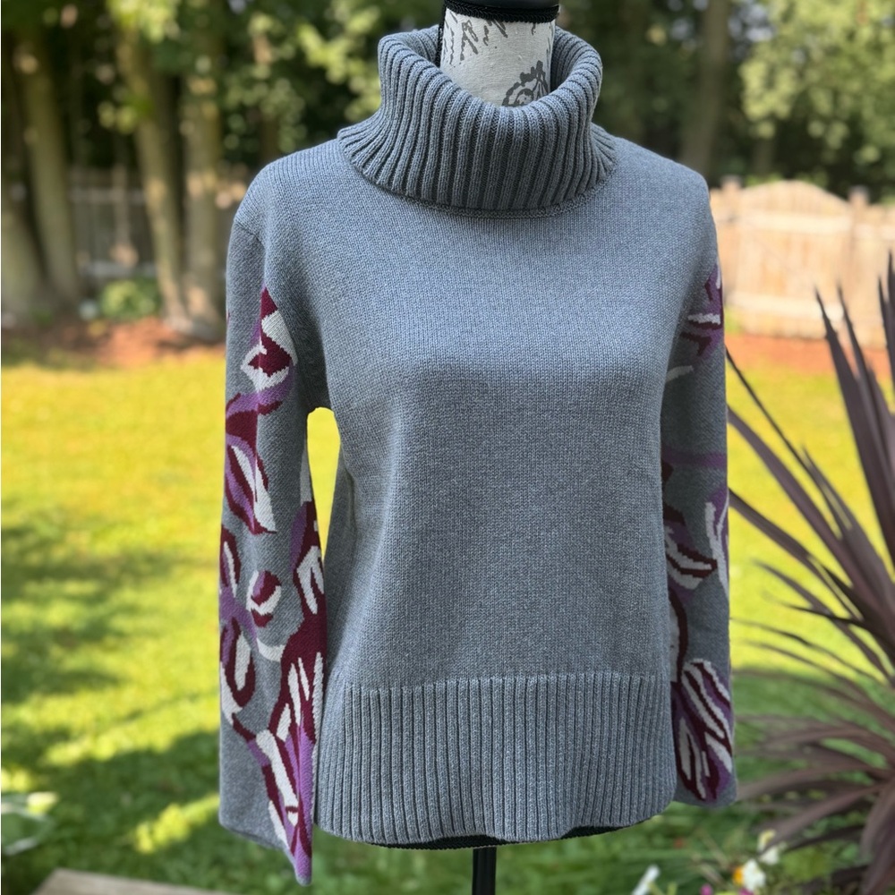 CAbi Gray Turtleneck Sweater with Purple Details